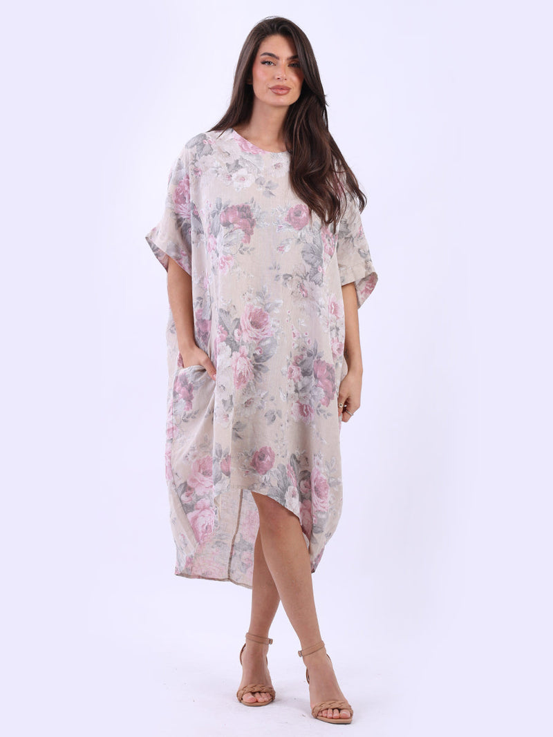 Oversized Floral Linen Dress Beige