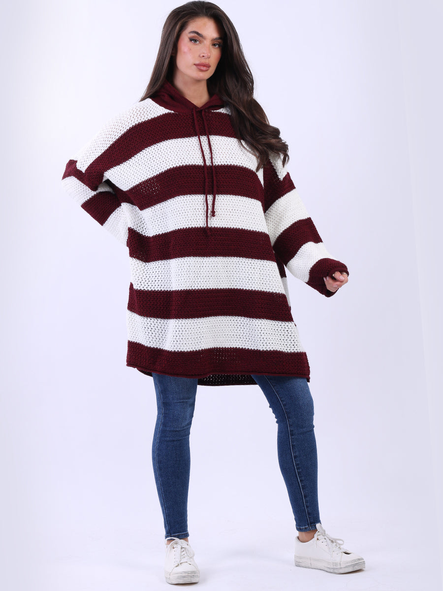 Oversized Stripy Batwing Jumper Wine