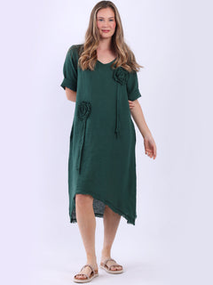 Oversized Plain Linen Dress Bottle Green