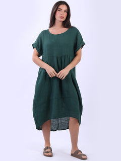 Plain Linen Quirky Dress Bottle Green