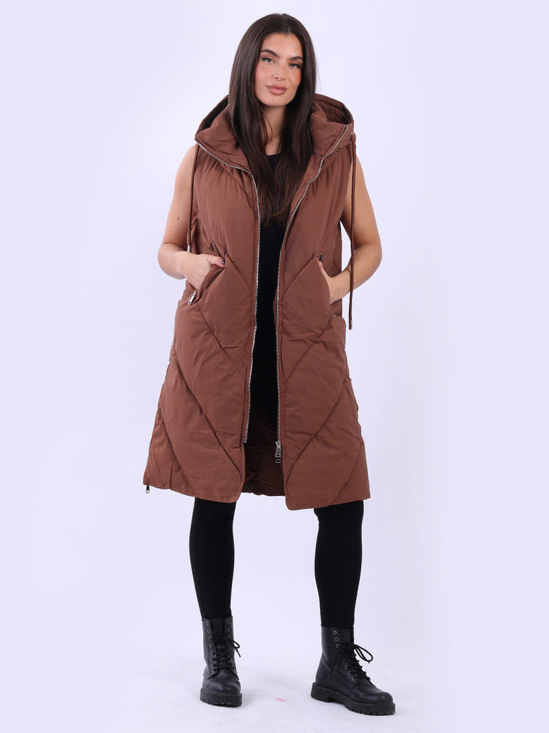 Plus Size Hooded Long Puffer Gilet Chocolate