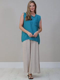 Linen Crop Vest Top Aqua