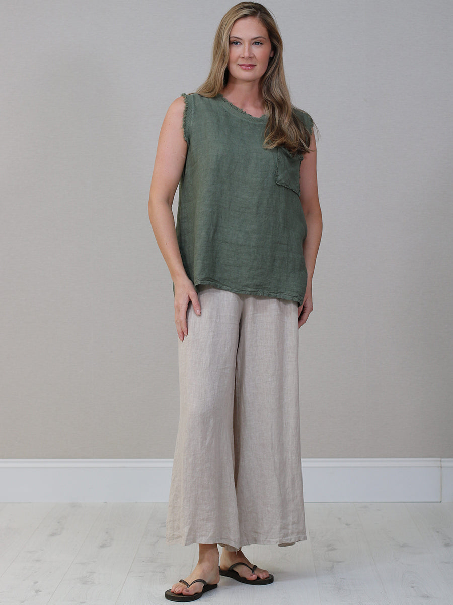 Linen Crop Vest Top Khaki