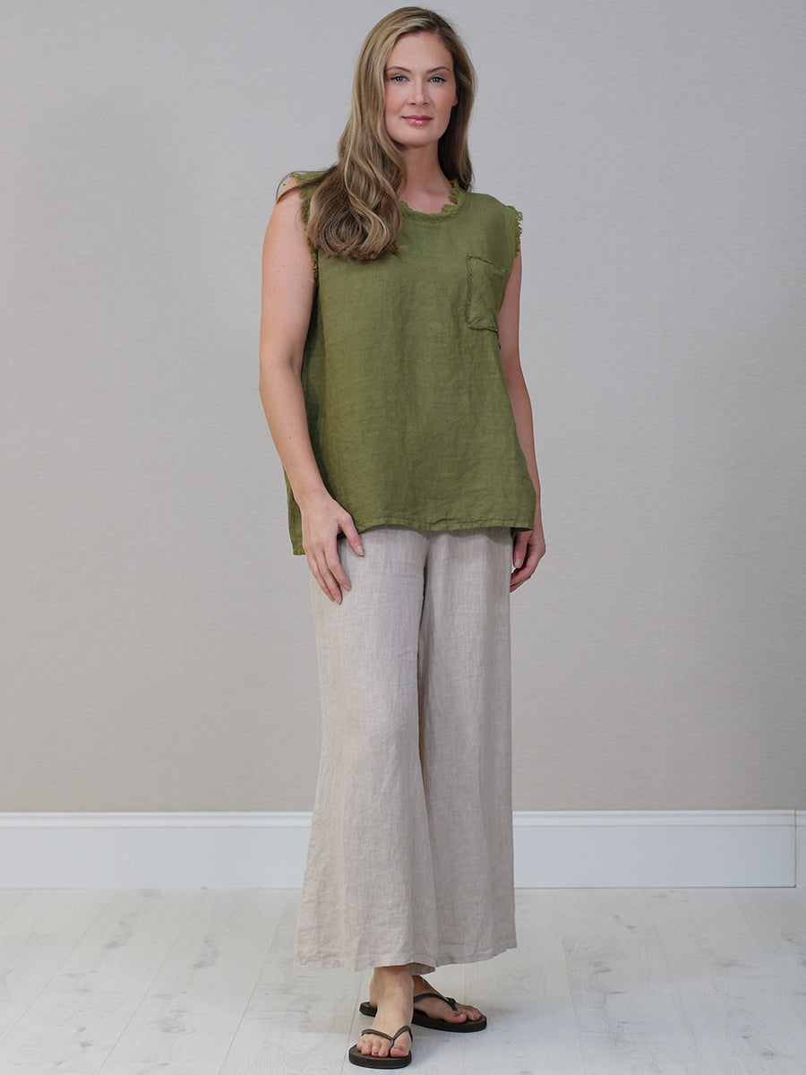 Linen Crop Vest Top Olive