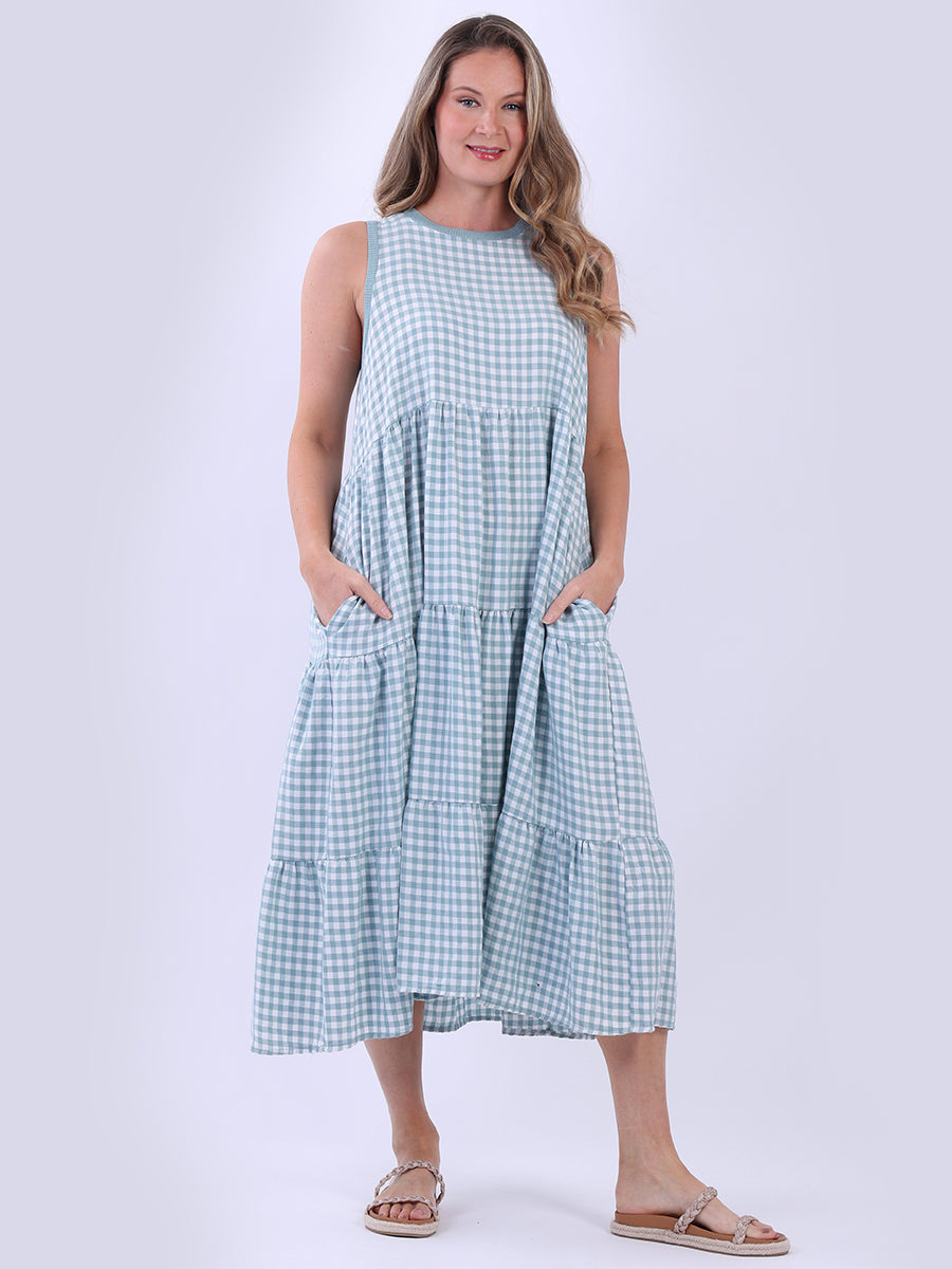 Sleeveless Cotton Gingham Dress Ocean Blue