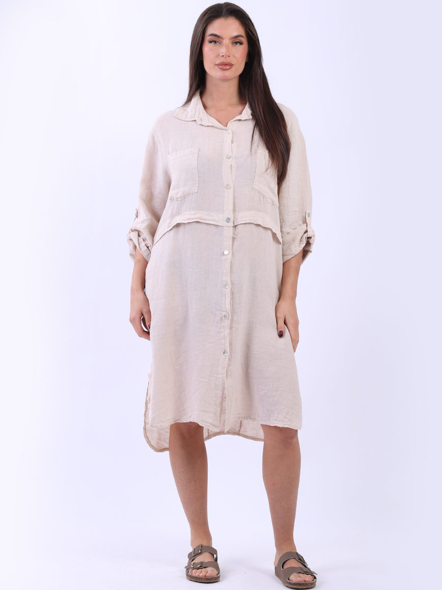 Women Linen Shirt Dress Beige