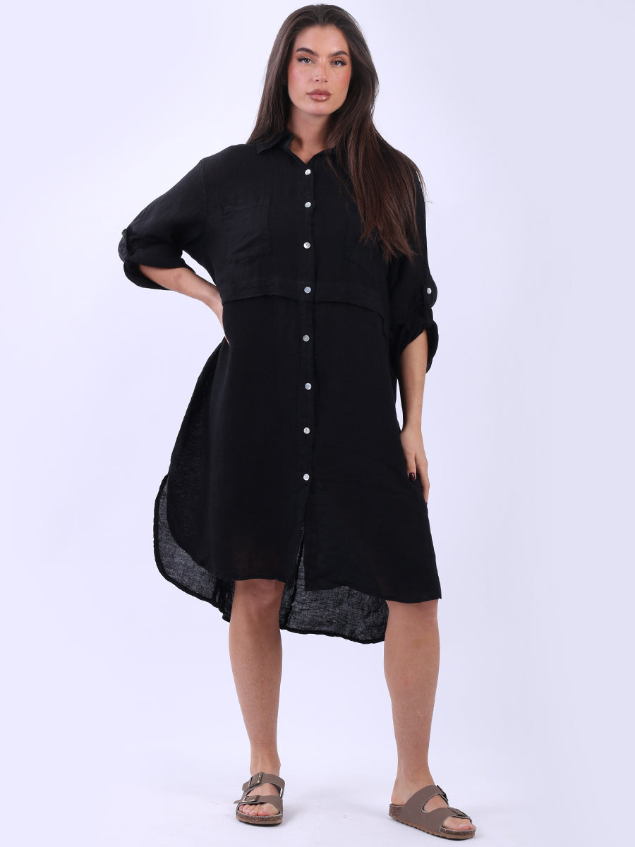 Women Linen Shirt Dress  Black
