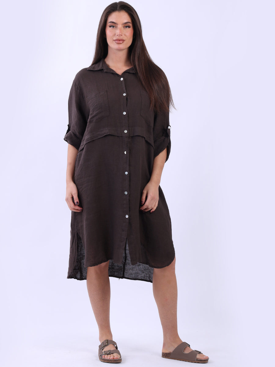 Women Linen Shirt Dress Chocolate