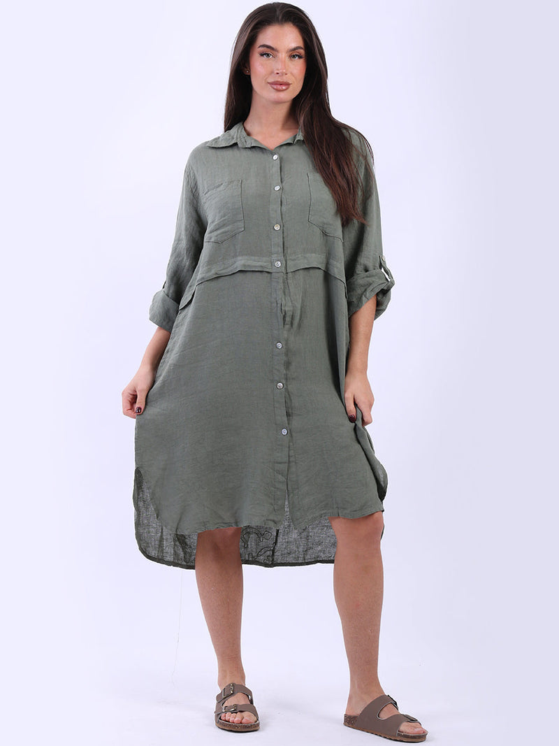 Women Linen Shirt Dress Khaki