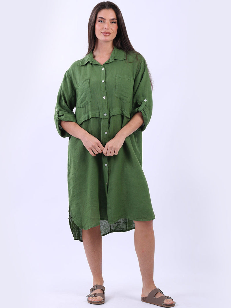 Women Linen Shirt Dress Olive