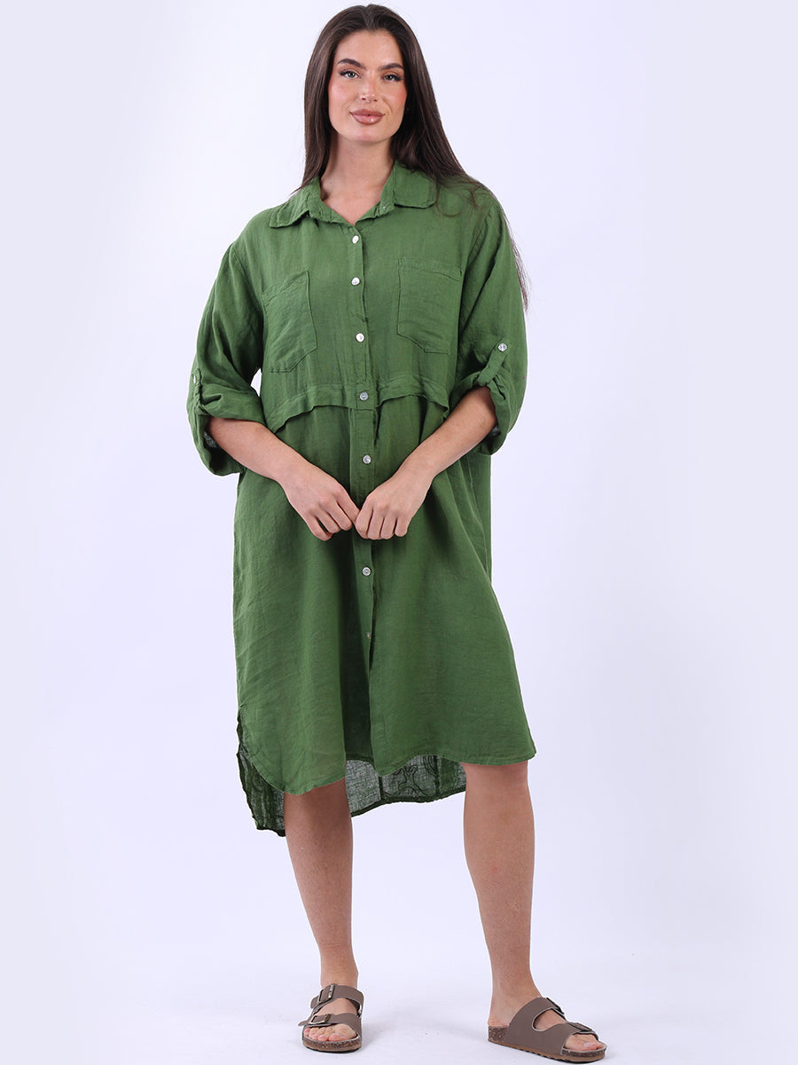 Women Linen Shirt Dress Olive