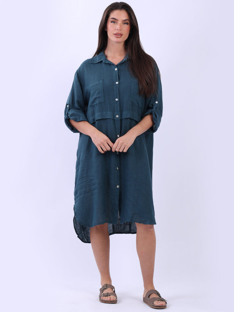 Women Linen Shirt Dress Teal