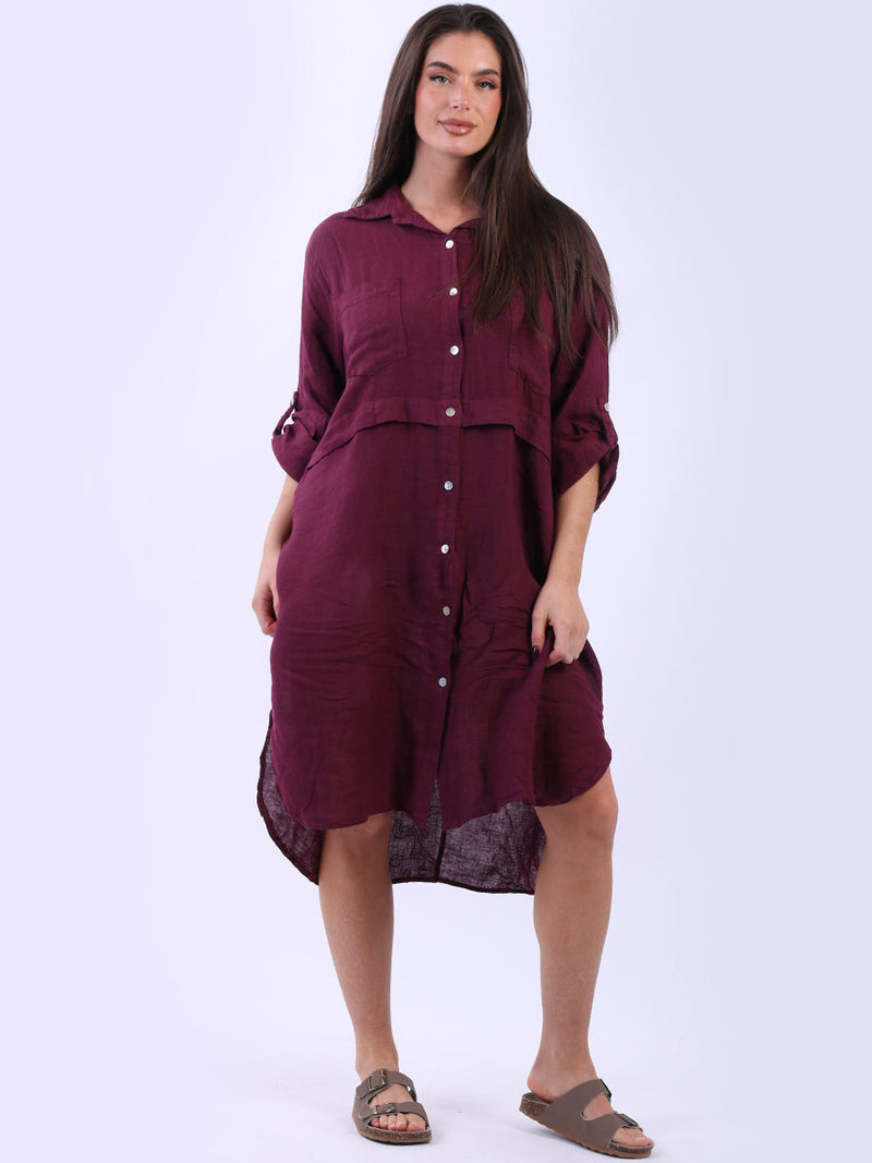 Women Linen Shirt Dress wine