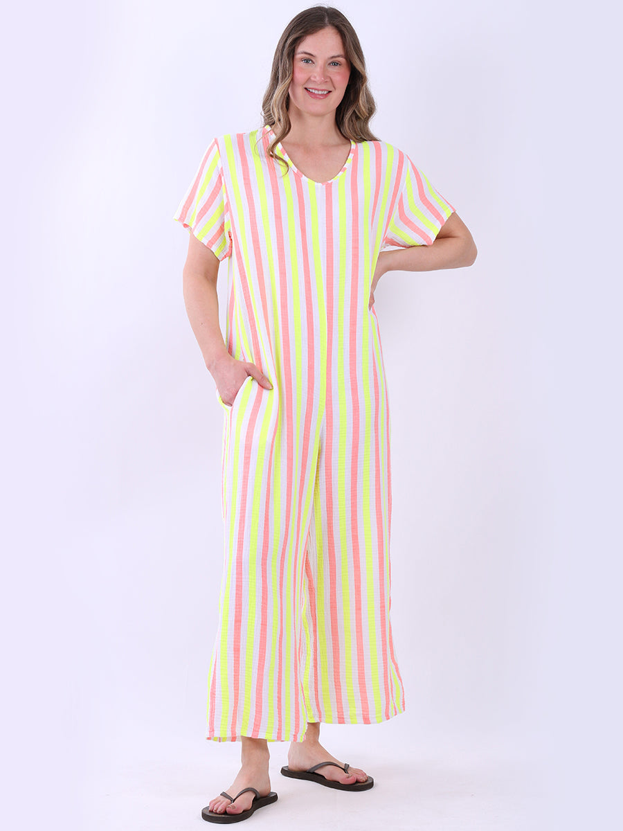 Cotton Stripy Jumpsuit Coral