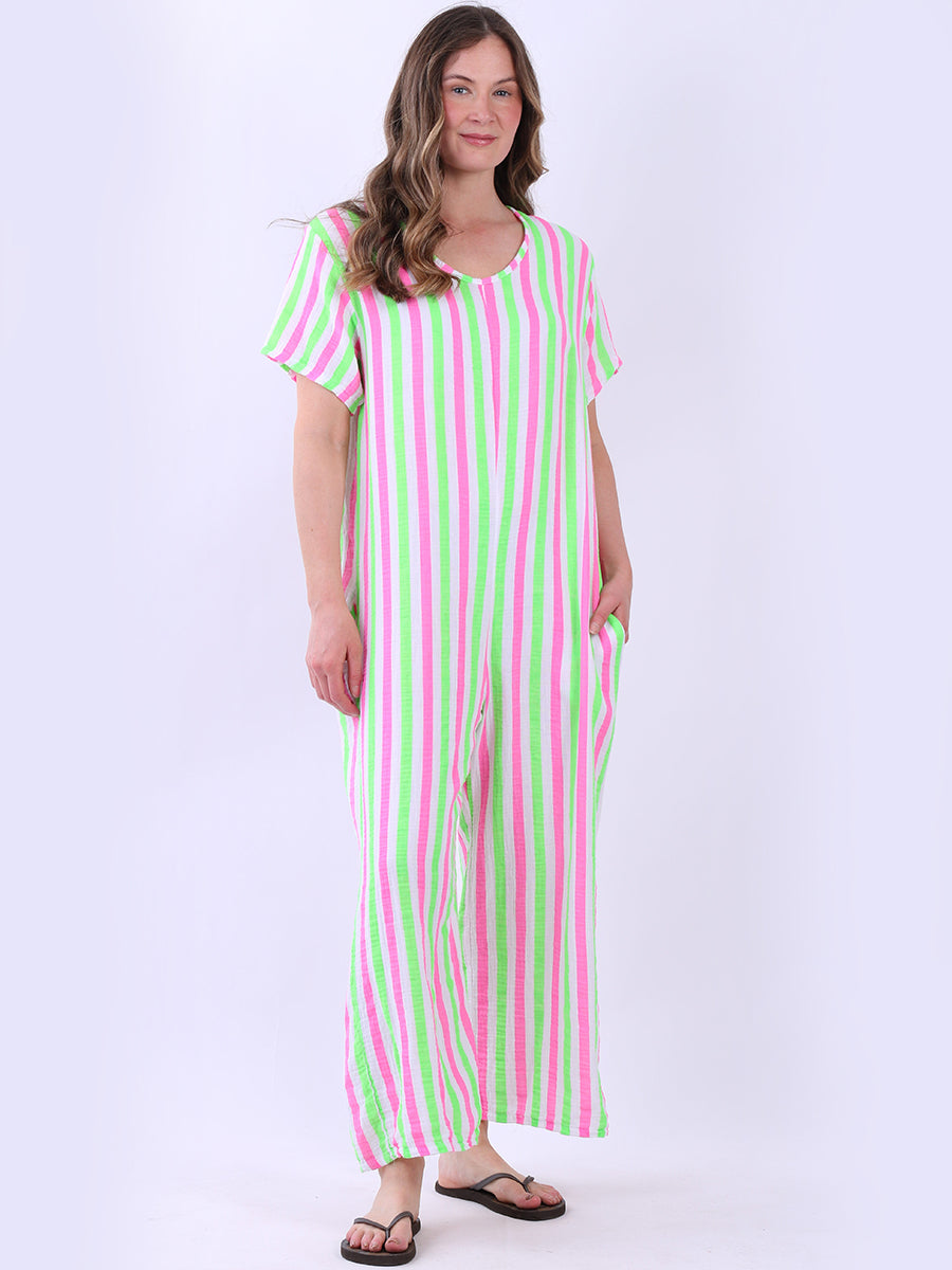 Cotton Stripy Jumpsuit Fuchsia
