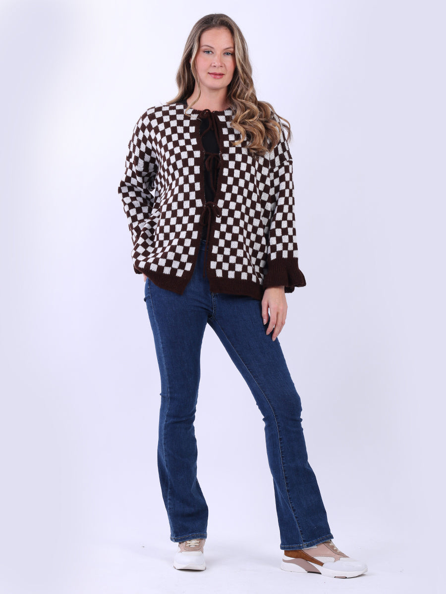 Gingham Wool Knit Cardigan Chocolate