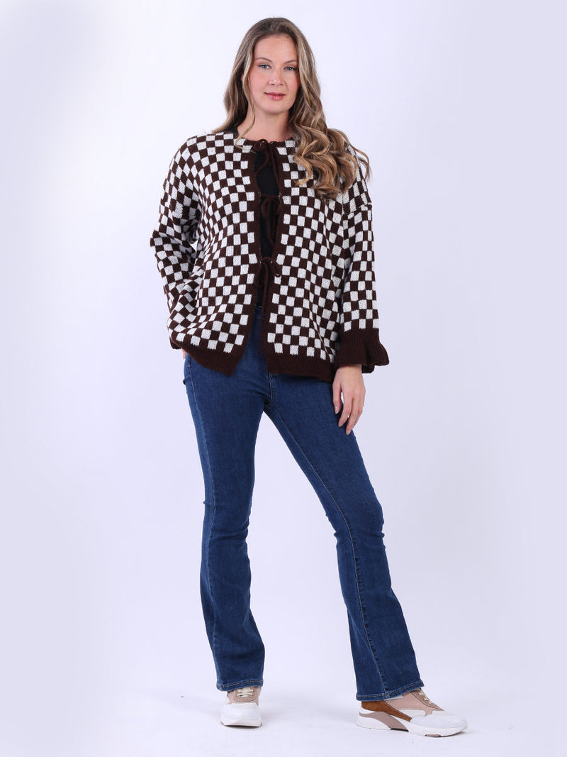 Gingham Wool Knit Cardigan Chocolate
