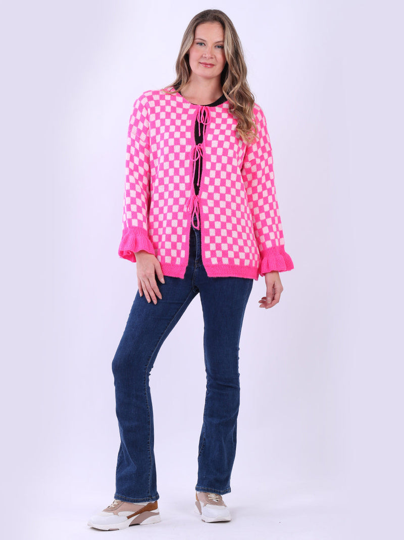 Gingham Wool Knit Cardigan Fuchsia