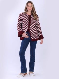 Gingham Wool Knit Cardigan Wine