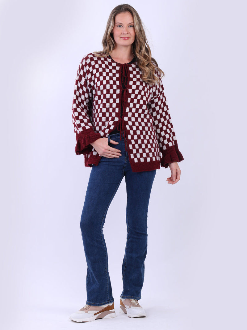 Gingham Wool Knit Cardigan Wine