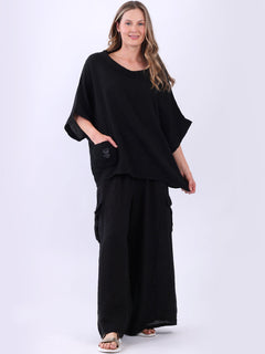 Linen Vintage Wash Batwing Top Black