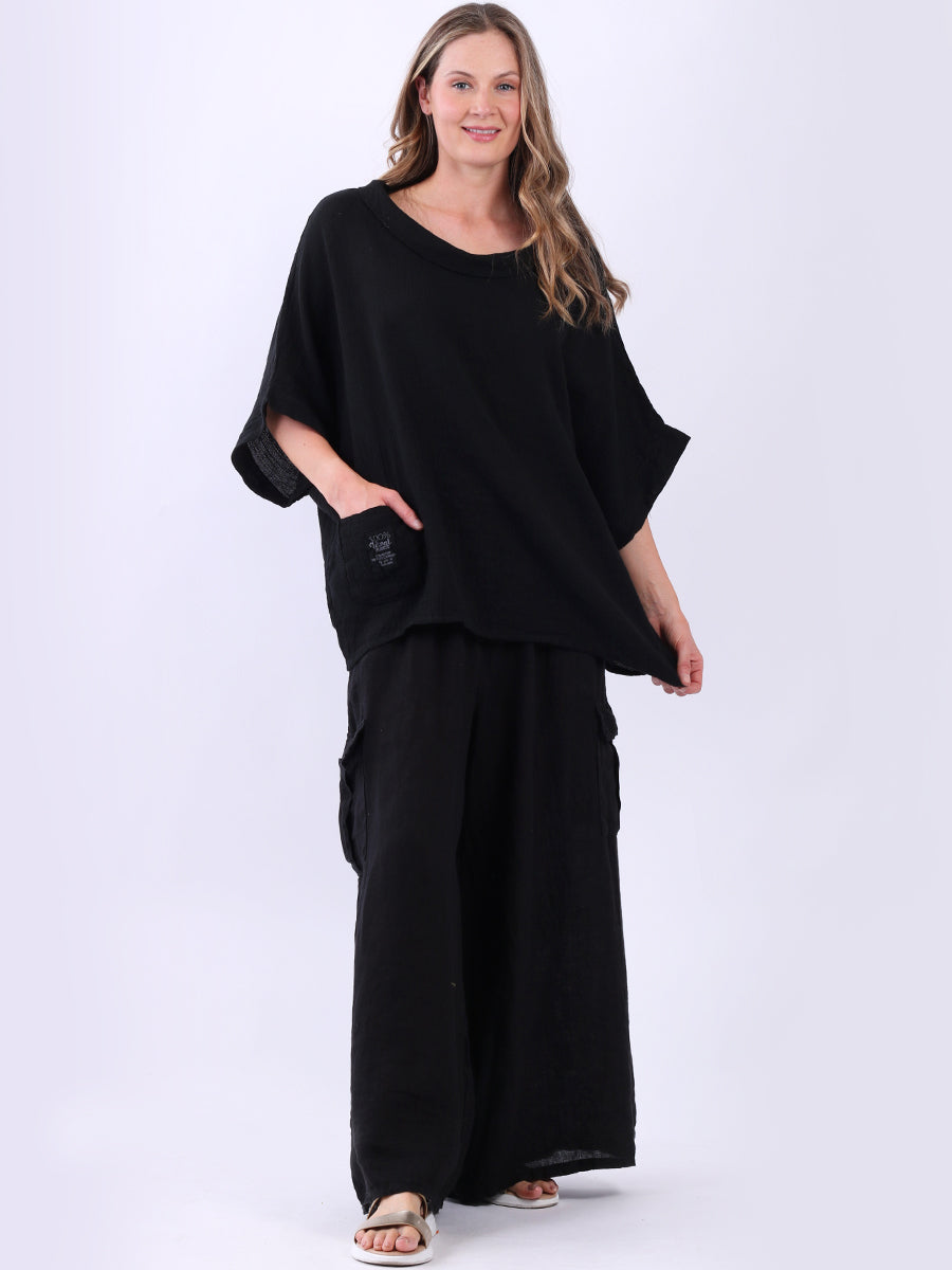 Linen Vintage Wash Batwing Top Black