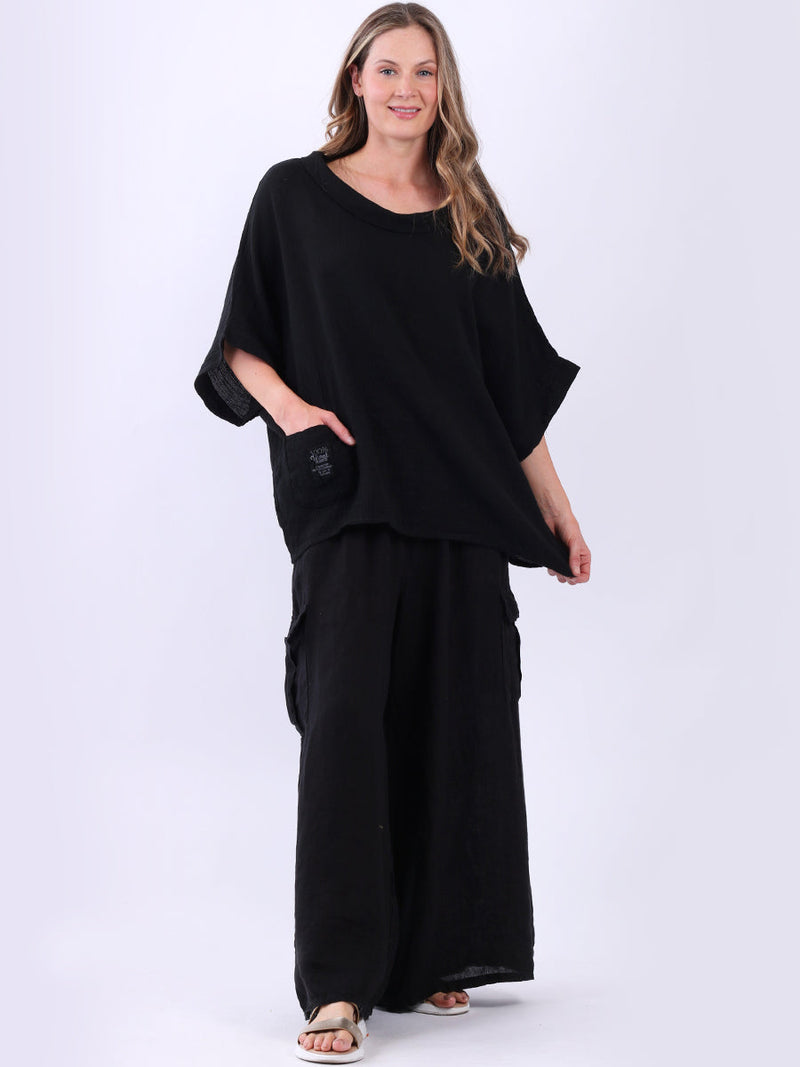 Linen Vintage Wash Batwing Top Black