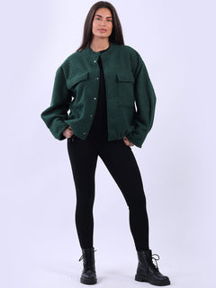 Button Down Woolen Shacket Bottle Green