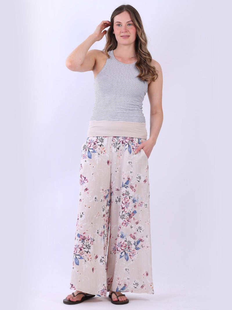 Floral Linen Pant Beige