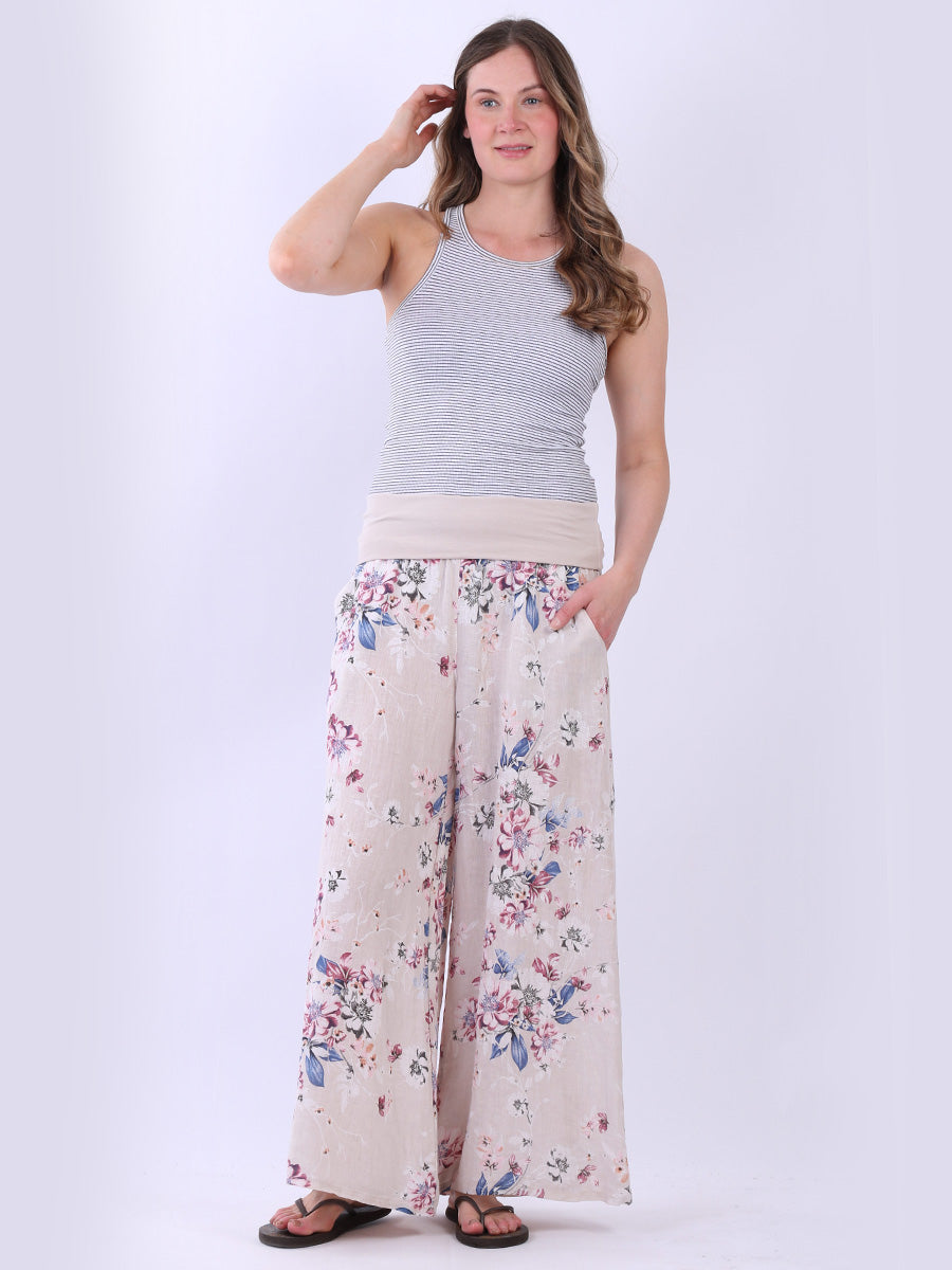 Floral Linen Pant Beige