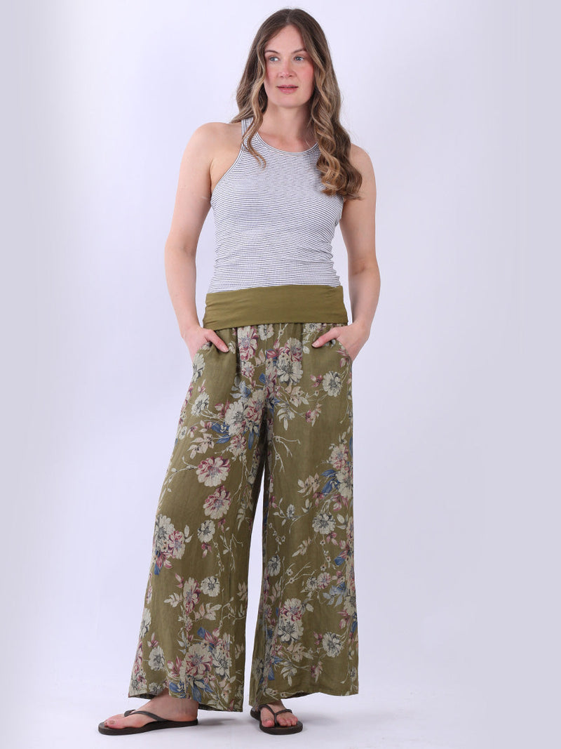 Floral Linen Pant Olive