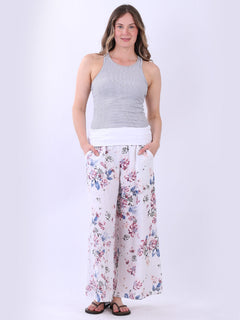 Floral Linen Pant White