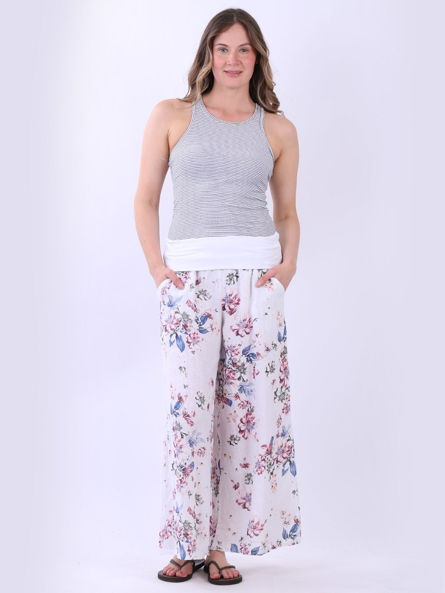 Floral Linen Pant White