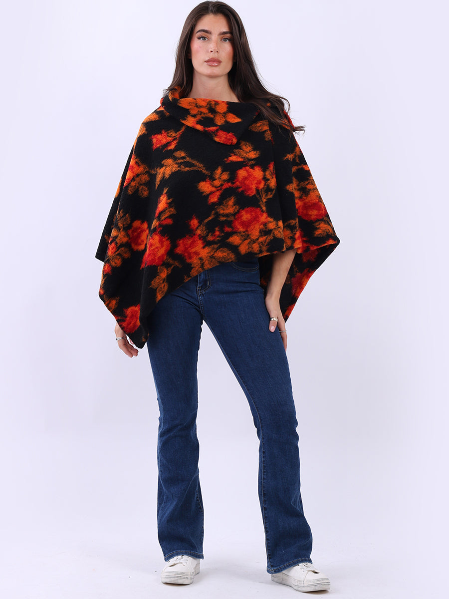 Floral Knitted Wooly Poncho Orange