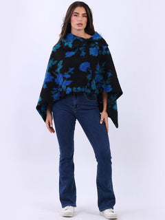 Floral Knitted Wooly Poncho Royal Blue