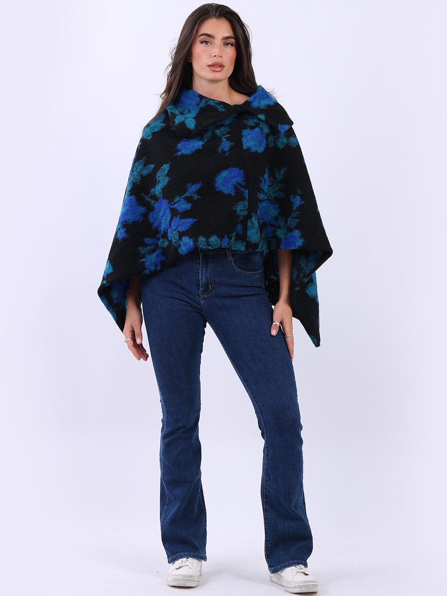 Floral Knitted Wooly Poncho Royal Blue