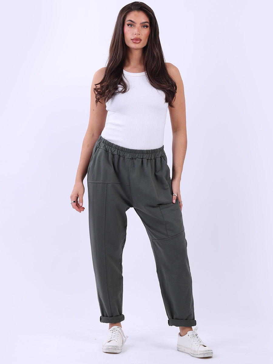 Women Solid Cotton Pant Khaki