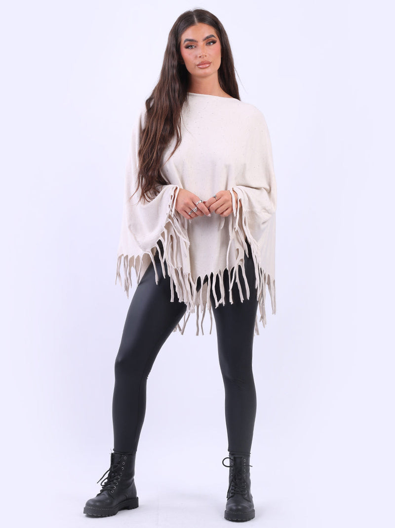 Glittery Women Knitted Poncho Beige