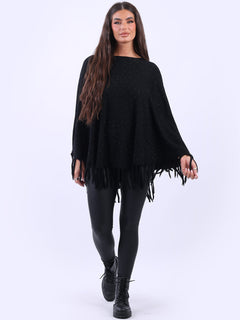 Glittery Women Knitted Poncho Black