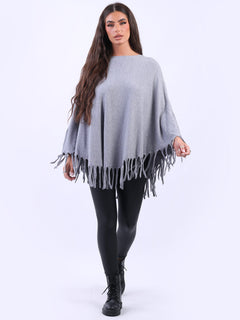 Glittery Women Knitted Poncho Dark Grey