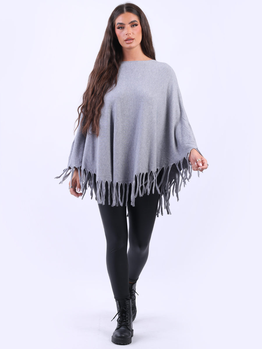Glittery Women Knitted Poncho Dark Grey