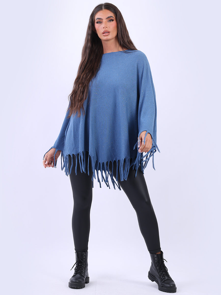 Glittery Women Knitted Poncho Denim