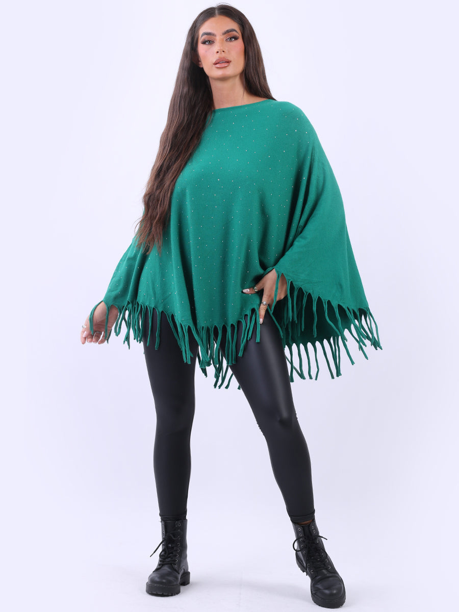 Glittery Women Knitted Poncho Green