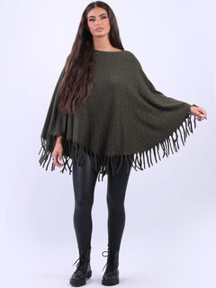 Glittery Women Knitted Poncho Khaki