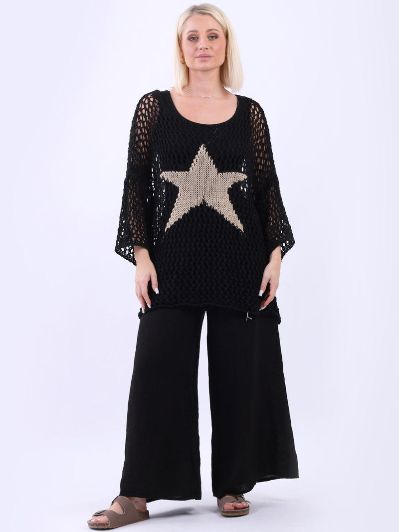 Star Knit Crochet Batwing Top Black
