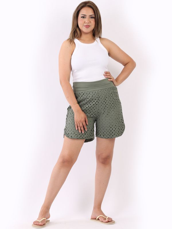 Cotton Broderie Mini Shorts Khaki