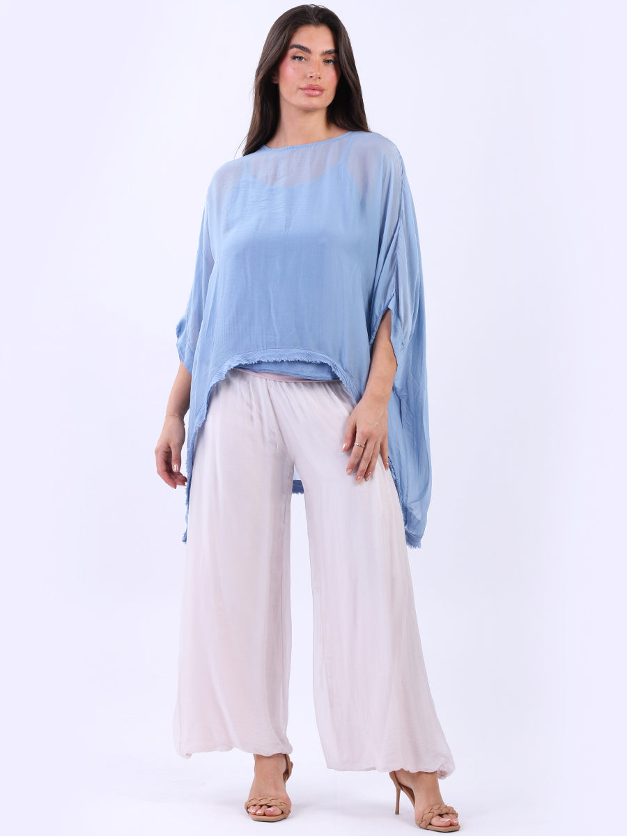 Batwing Solid Silk Top Denim