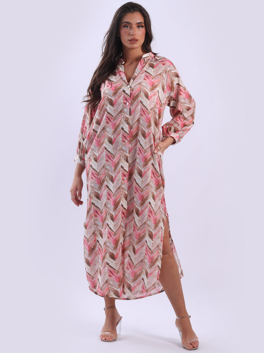 Cotton Long Shirt Dress Pink