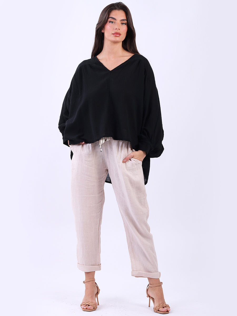 Batwing Cotton Crop Blouse Black