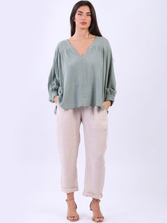 Batwing Cotton Crop Blouse Khaki